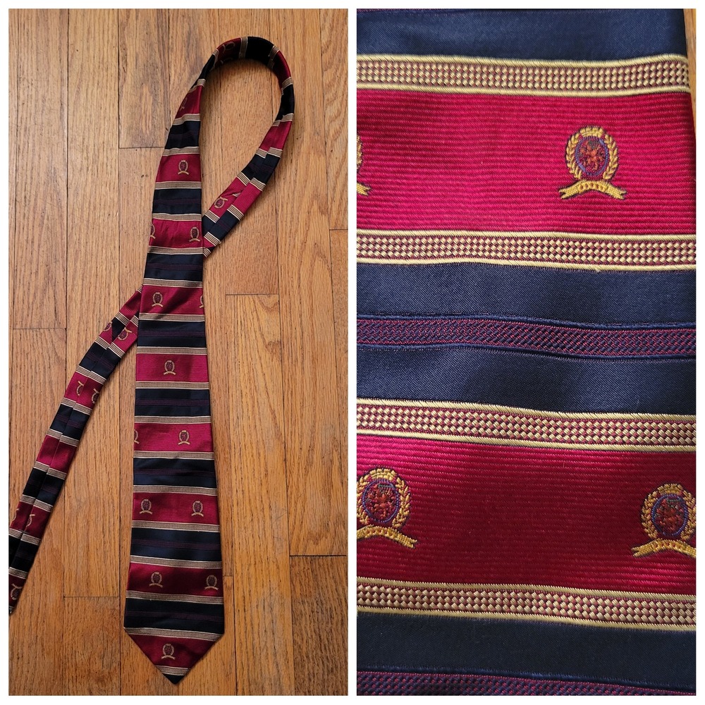 Vintage Tommy Hilfiger Necktie Red Navy Gold Stripe Crest Silk USA Classic